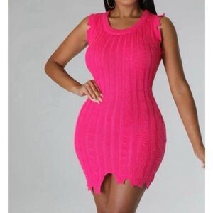 NEW Women Hot Pink Knit Bodycon Sweater Mini Dress Feminine Spring Chic Small